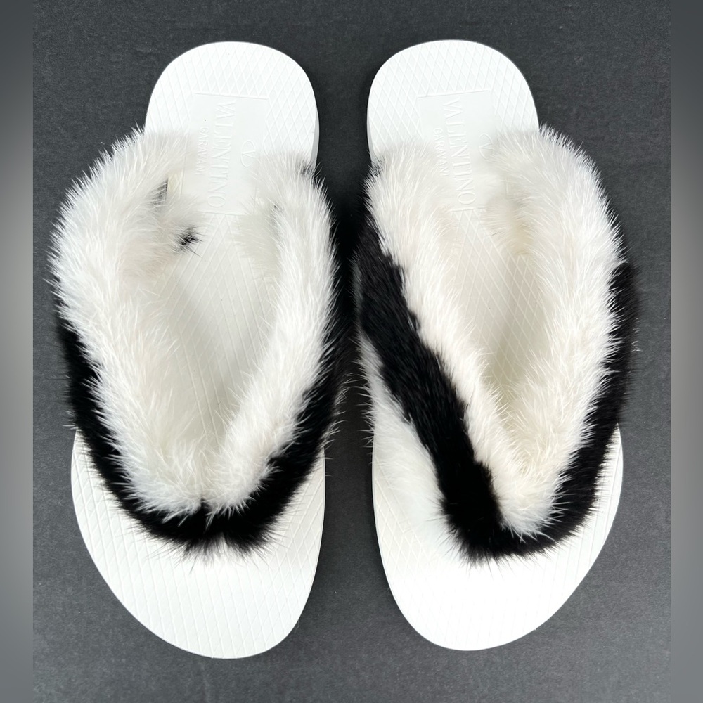 Valentino Garavani Mink Fur Rubber Flip Flop Women Sandals Size EU 35